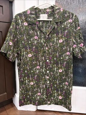 PacSun Olive Green Floral Short-Sleeve Button-Up Shirt